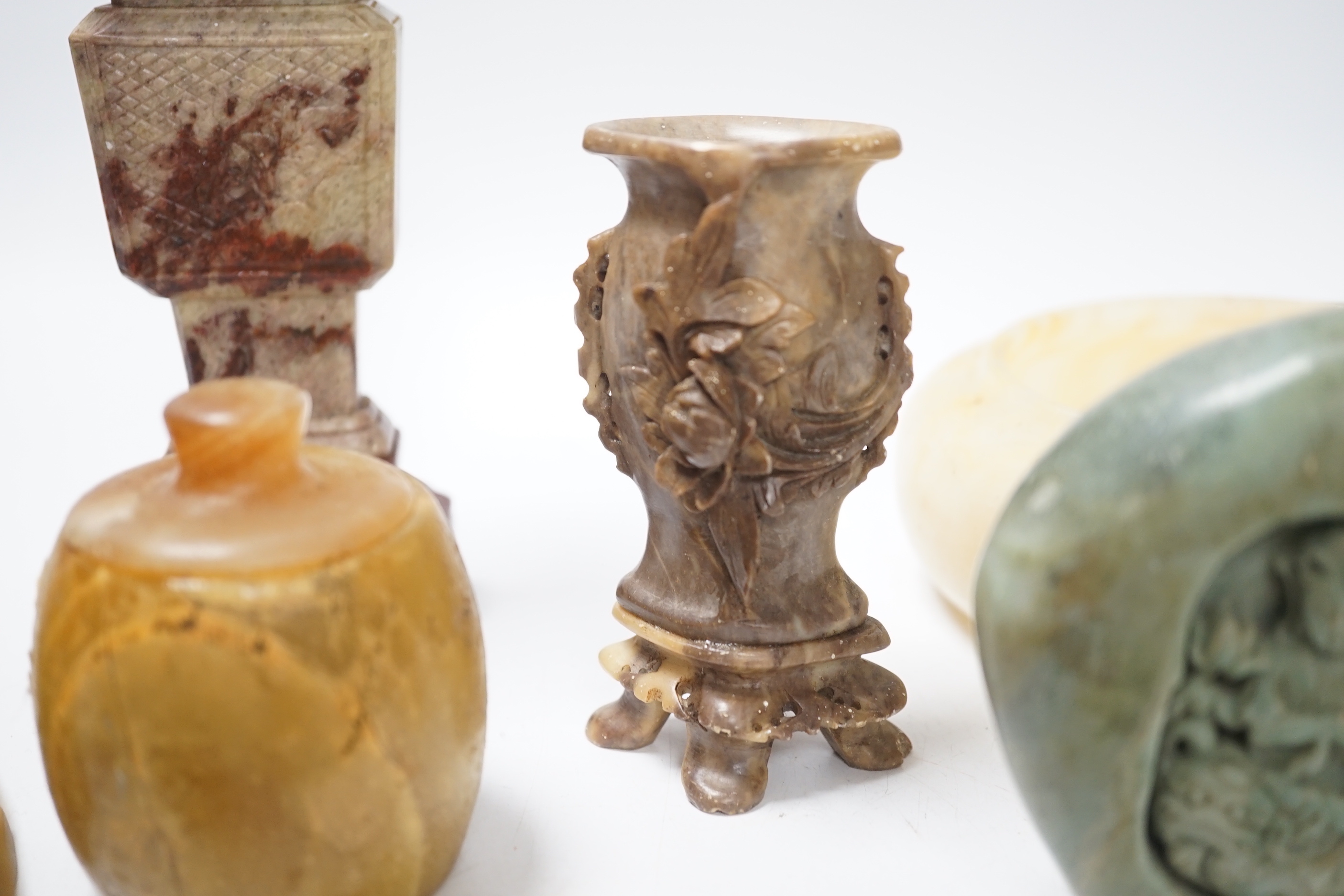 A group of Chinese soapstone or alabaster vessels and a carving of Guanyin, tallest 15cm high (16)